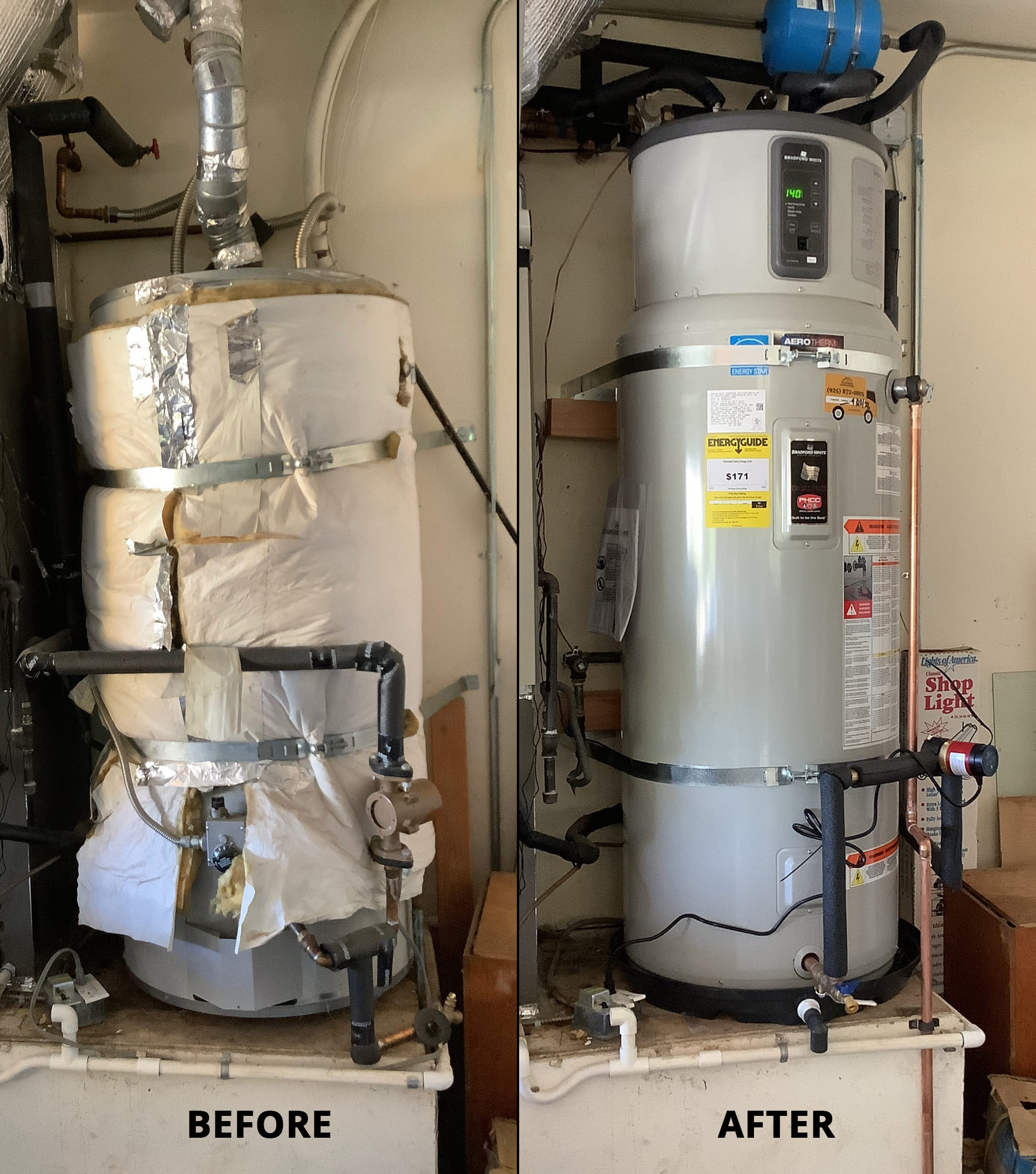 before and after of a broken water heater in Milpitas, CA